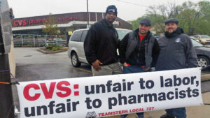 Local 727 representatives inform the public of CVS management's unfair labor practices outside CVS #8760 at 3333 Central St. in Evanston, Ill.
